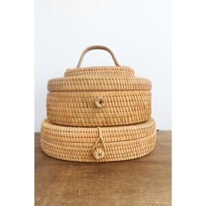 Set of 2 Vintage Stacking Baskets Wicker Rattan Wood Lidded Baskets